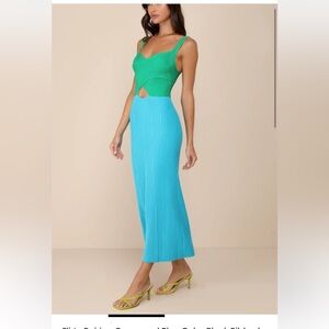 Flirty Pairing Green and Blue color block ribbed cutout dress